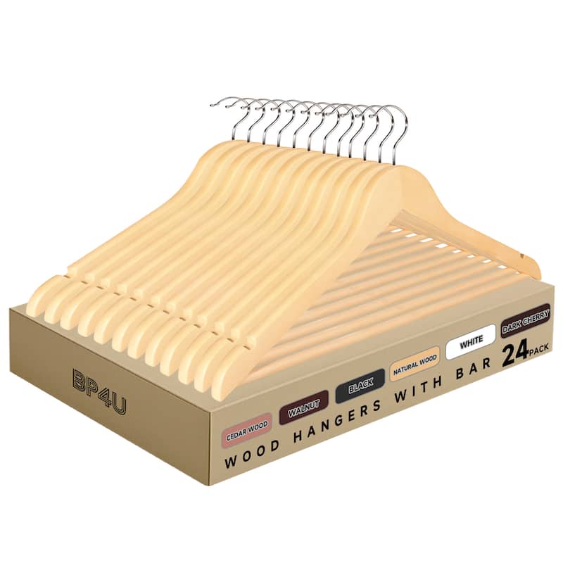 BP4U Premium Solid Wood Hangers with Non-Slip Trouser Bar, Heavy-Duty Suit Coat Wooden Hangers for Jackets, Shirts, and Dresses - 24-Pack - Natural Wood