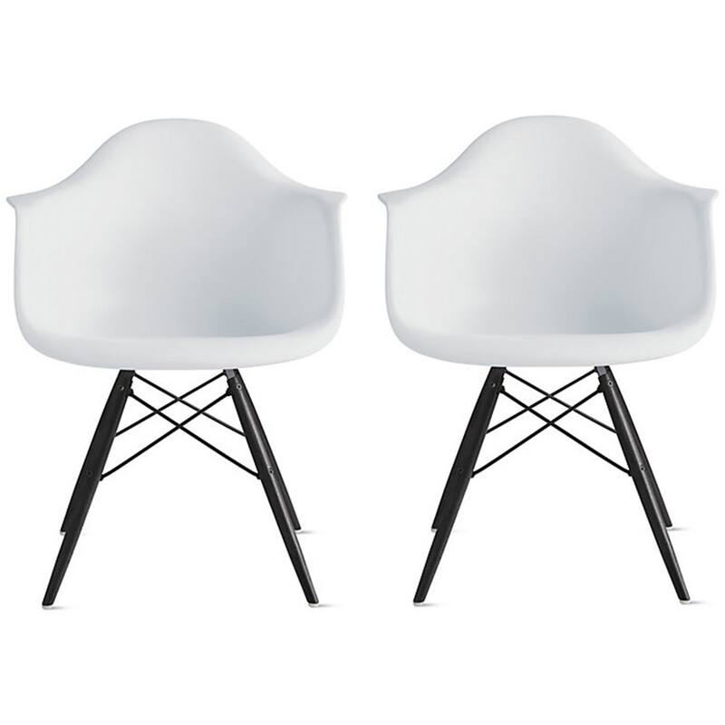 Set of 2 Color Modern Arm Chairs For Dining Room Kitchen Solid Molded Plastic Seat Dark Black Wood Eiffel Legs - White