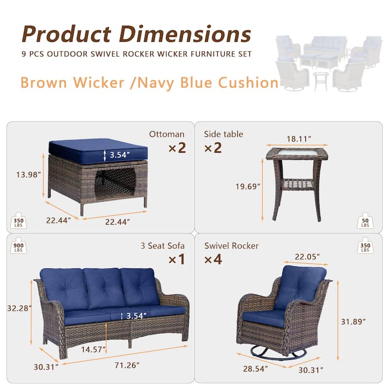 9 Piece Outdoor Patio Furniture Set Wicker Swivel Chair with Ottoman