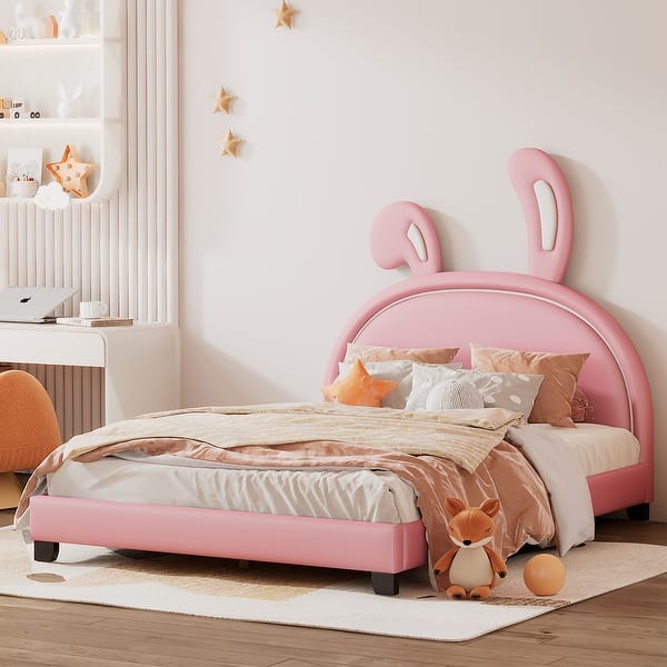 slide 2 of 33, Rabbit Themed Platform Bed Full Size PU Leather Upholstered Bed with Sturdy Pinewood Frame and Slatted Support Pink - Full