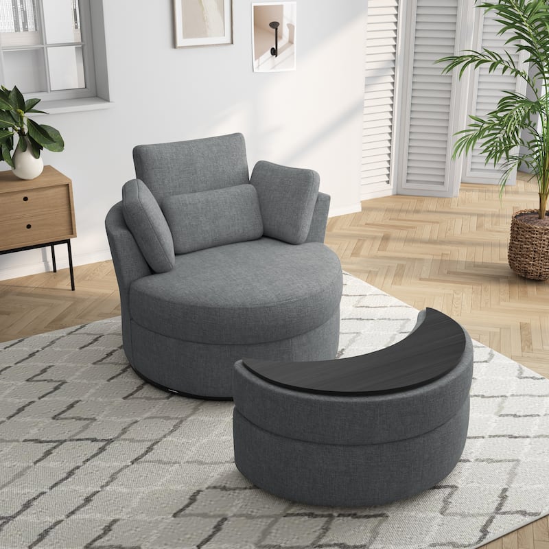 Upholstered Swivel Accent Chair with Wooden Tray Storage Ottoman
