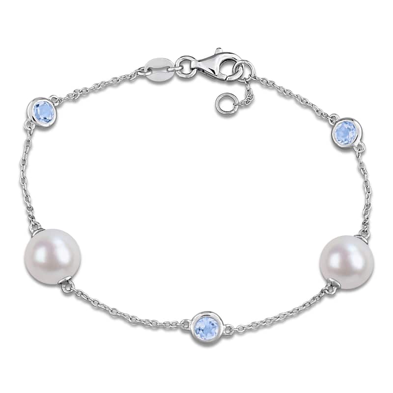 Miadora Cultured Freshwater Pearl and 7/8 CT TGW Sky-Blue Topaz Gemstone Station Bracelet in Sterling Silver - Blue