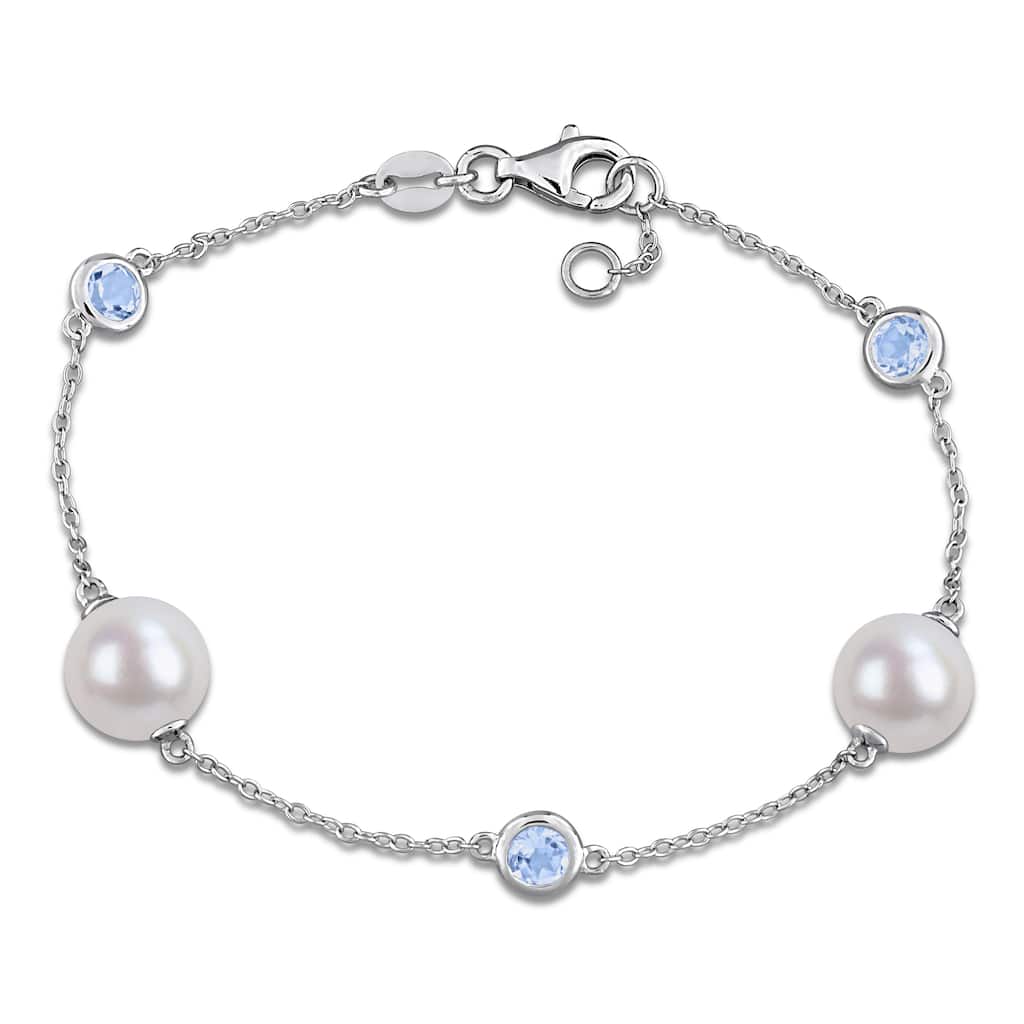 Miadora Cultured Freshwater Pearl and 7/8 CT TGW Sky-Blue Topaz Gemstone Station Bracelet in Sterling Silver