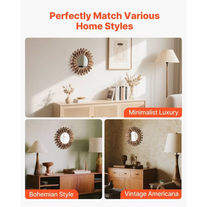 Rustic Sunburst Wall Mirror with HD Glass and Wooden Frame for Modern Bedroom Living Room Decor - 12 x 12 x 0.91 in