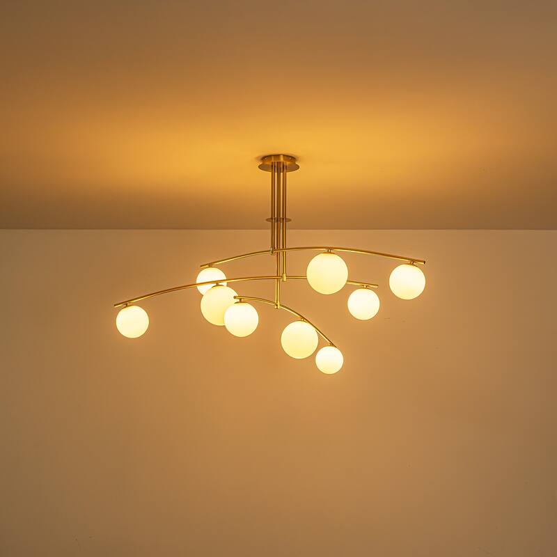 Modern Brass Sputnik Linear Opal Frosted Glass Globe Semi-Flush Mount Light