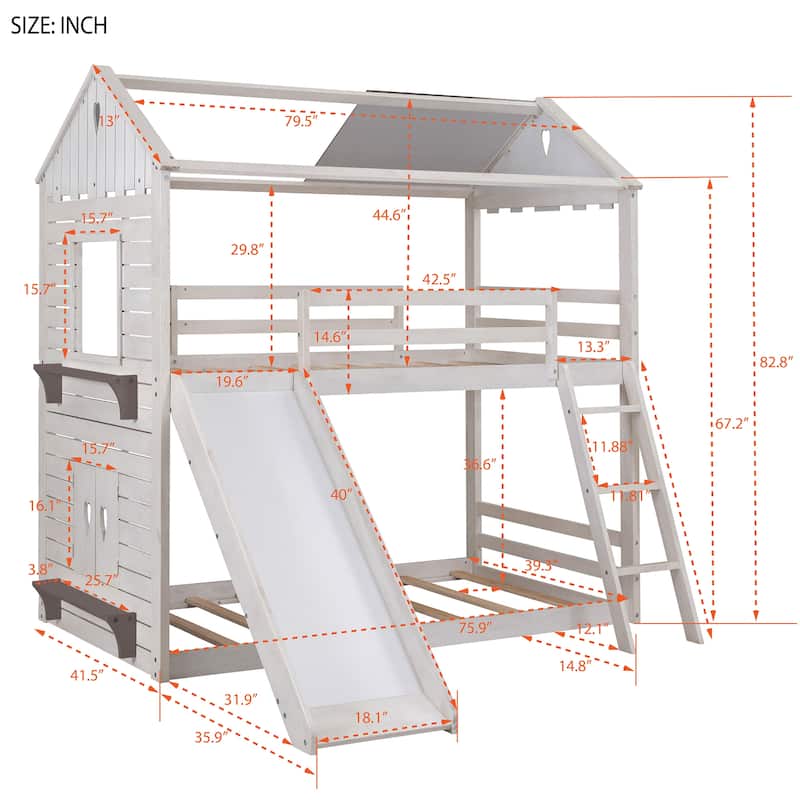 Twin Over Twin Bunk Bed with Slide, Solid Wood House Bedframe with Roof ...