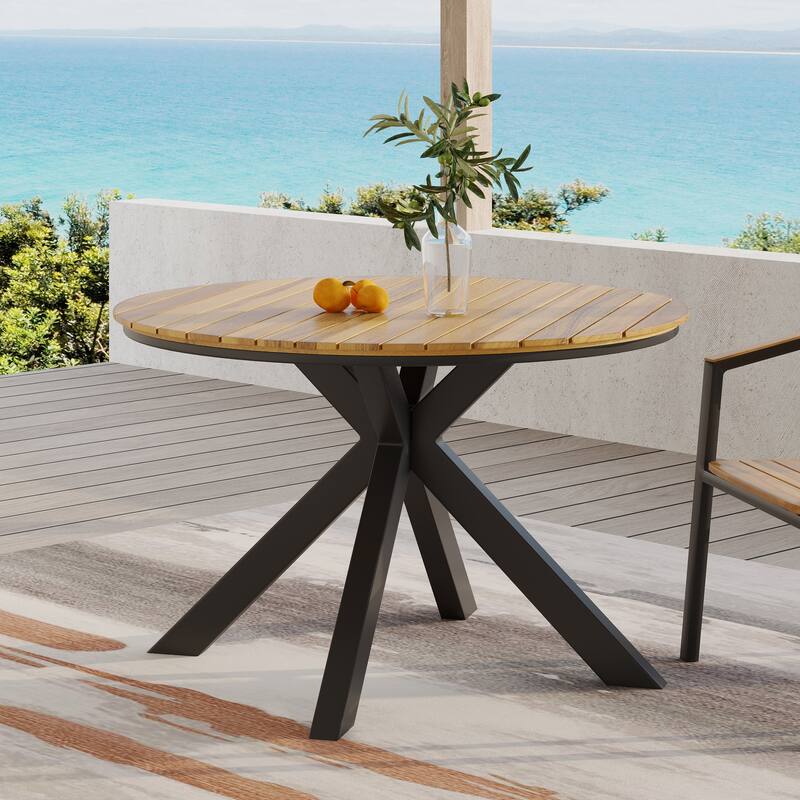 Roomfitters Outdoor Dining Table, Teak Acacia Wood Tabletop with Black Metal Legs, Teak+Black