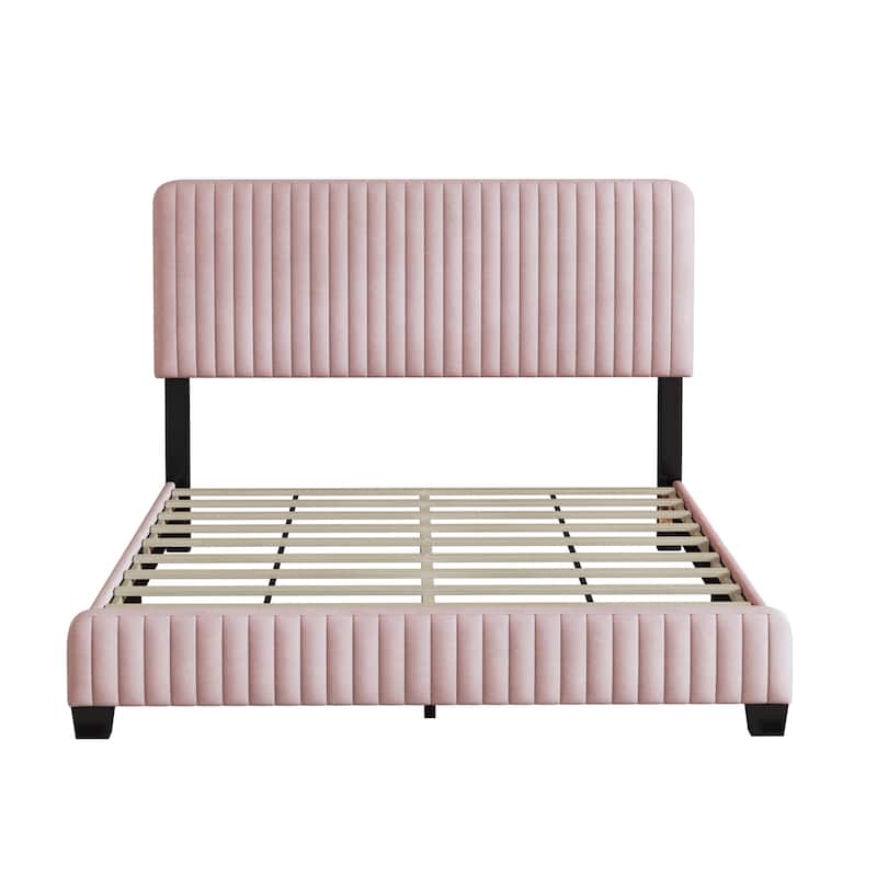 Pink Velvet Fabric Platform Bed Vertical Stripes Wingback Panel Low Bed ...