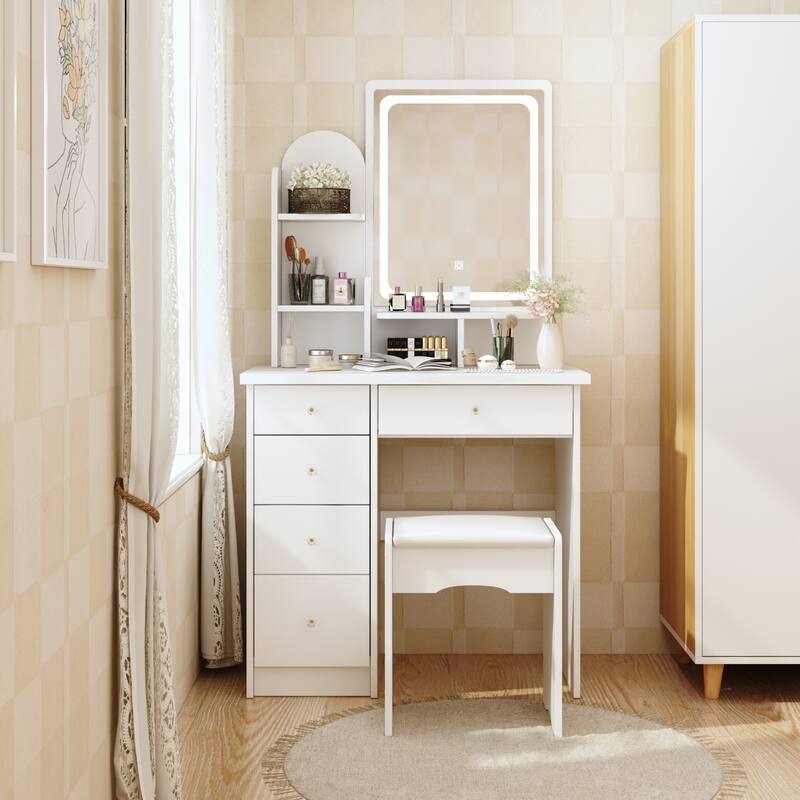Makeup Vanity Set wi/Lighted Mirror, Storage Shelves and Drawers White - 31.5"L x 15.7"W x 55.1"H