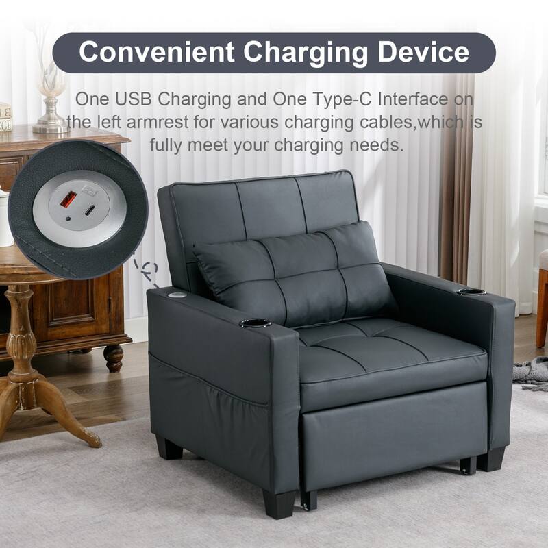 3-in-1 Pull out Convertible Futon Sleeper Armchair Beds with USB Ports