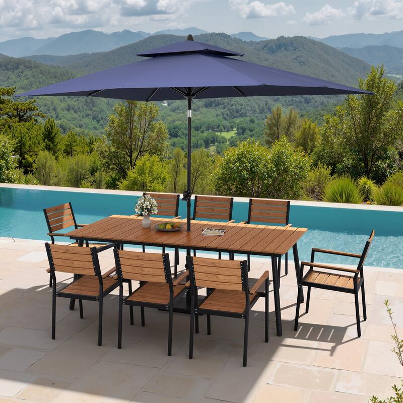 11PC Outdoor Patio Dining Set Aluminum Table with Stackable Armchairs w/ Market Umbrella Set - BrownTable&BrownChairs&NavyBlueUmbrella