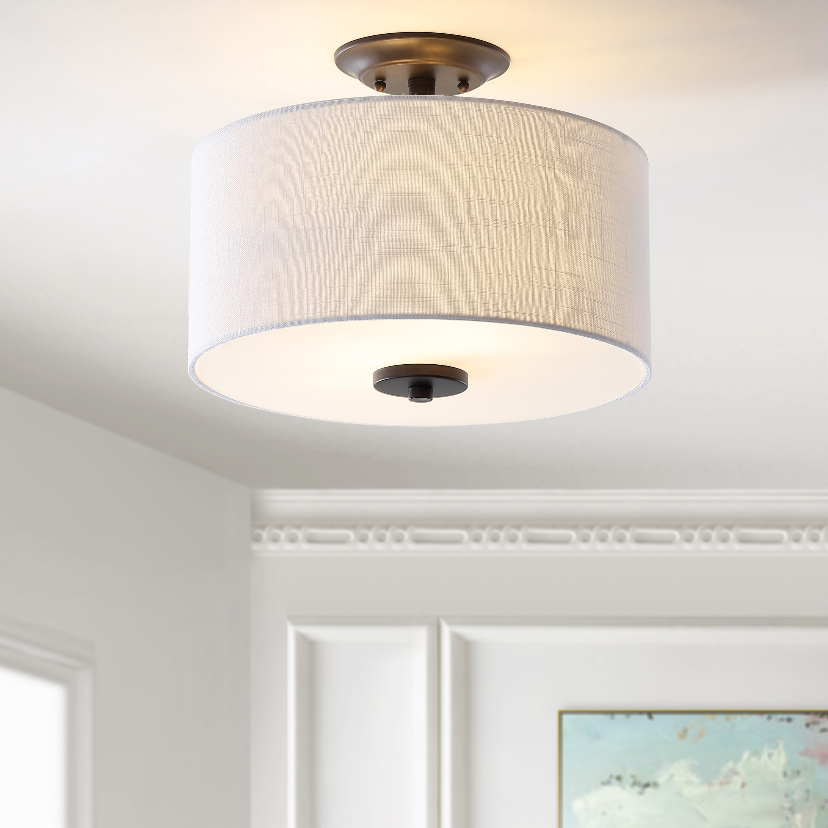 JONATHAN Y David 15" Metal LED Semi-Flush Mount, Oil Rubbed Bronze/White