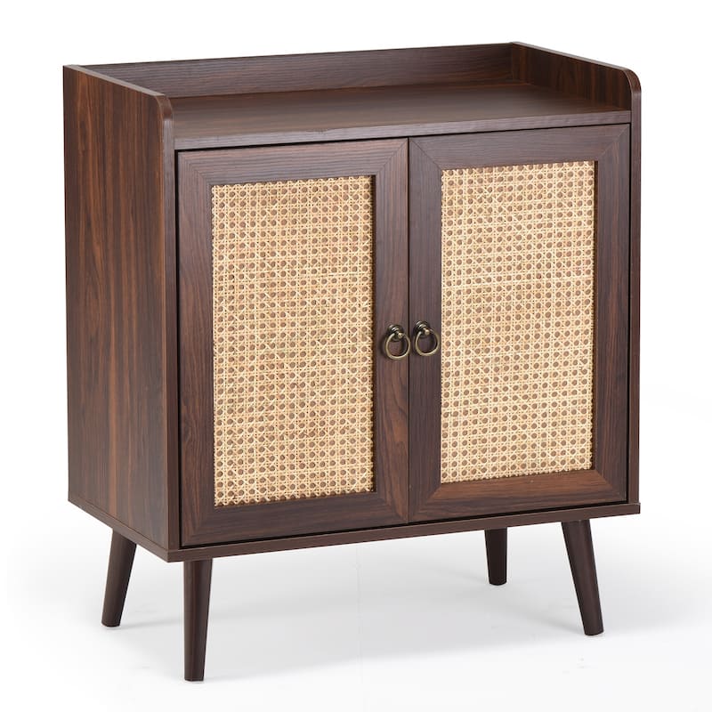 Sideboard Buffet Cabinet with Storage, Bar Liquor Cabinet with Rattan Decorated Doors, Credenza Console Tablefor Dining Room - Walnut