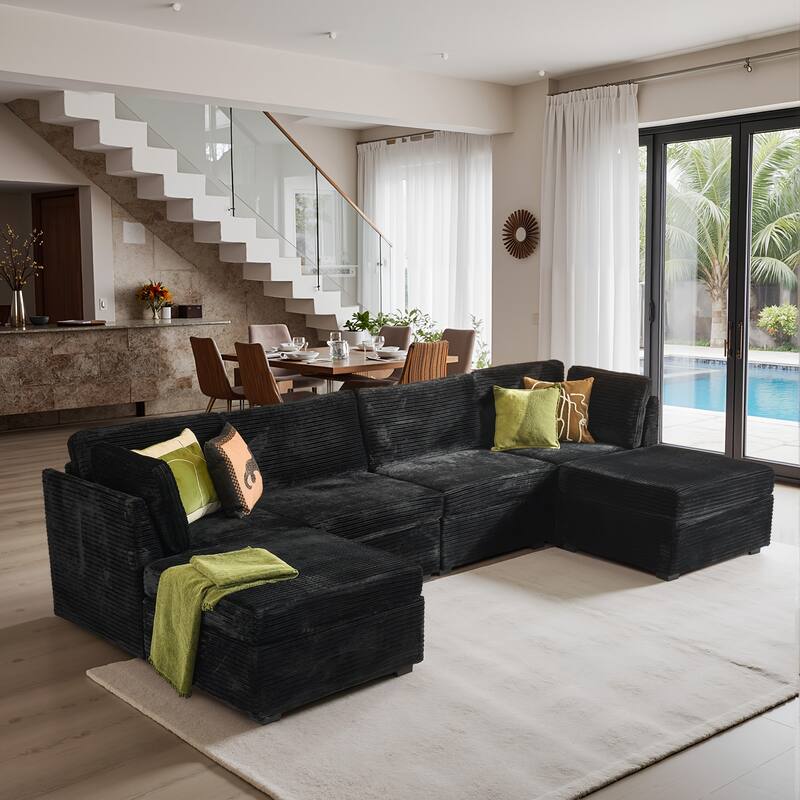HOOOWOOO Modular U-shaped Corduroy Fabric Sectional Sofa Couch with Ottoman - Black-Corduroy