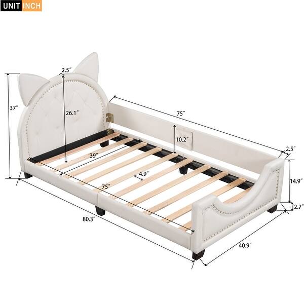 dimension image slide 1 of 2, Classic Twin Size Leather Upholstered Daybed w/ Ears Shaped Headboard Platform Bed Frame No Box Spring Needed, Easy Assembly