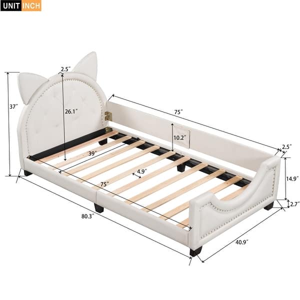dimension image slide 1 of 2, Twin Size Upholstered Daybed w/ Ears Shaped Headboard Leather Bed Frame