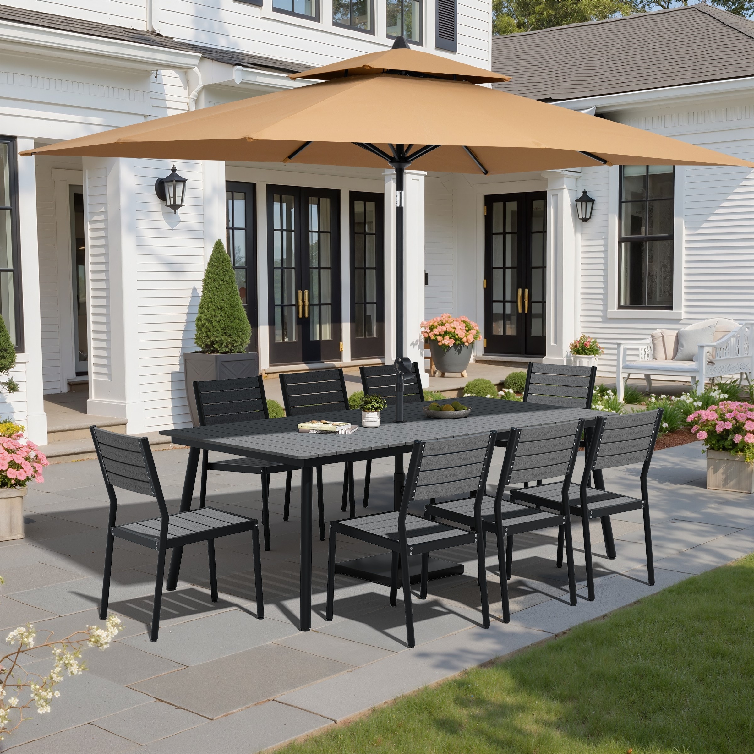 11-Piece Patio Dining Set Aluminum Table and 8 Stackable Chairs w/10 ft Umbrella and Base Stand