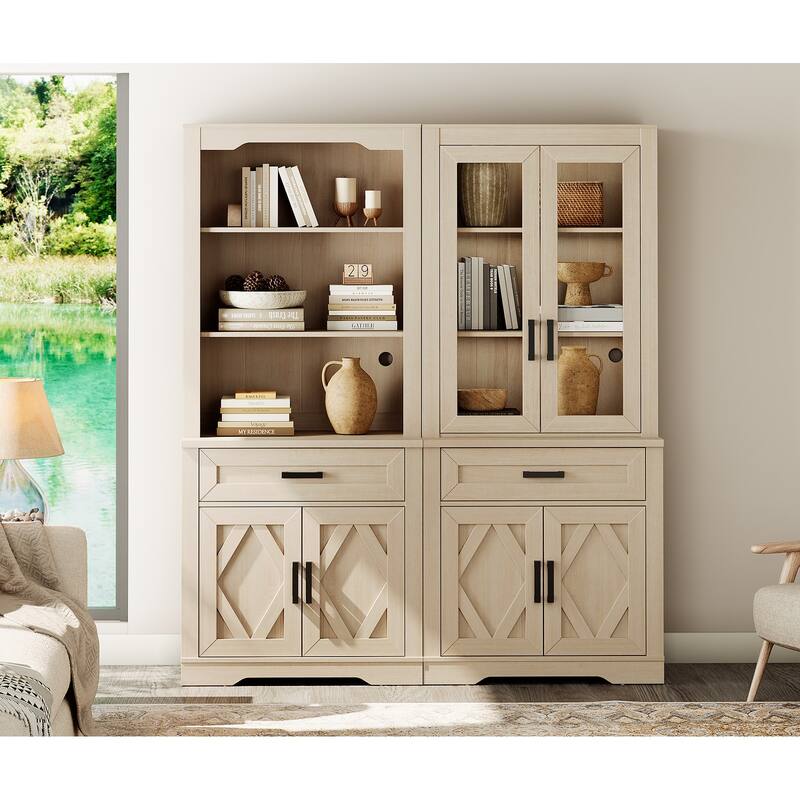 5 Tier Bookcase with Barn Door,73.3" Tall Open Storage Bookshelf - Beige Oak