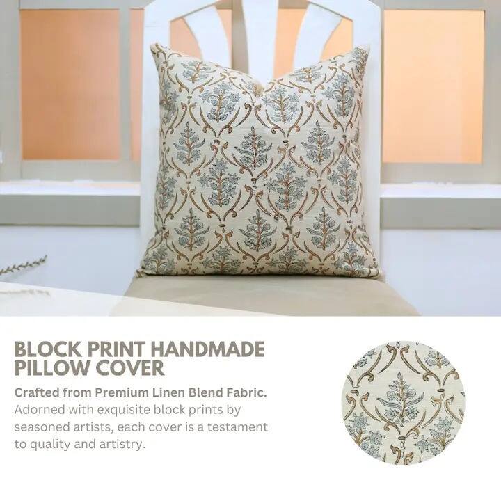 Fabdivine Blue Block Print Linen Pillow Cover Sofa Couch Decor, Vishal Pushap