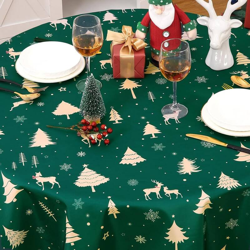 Christmas Round Tablecloth Waterproof Holiday Xmas Decor, Green
