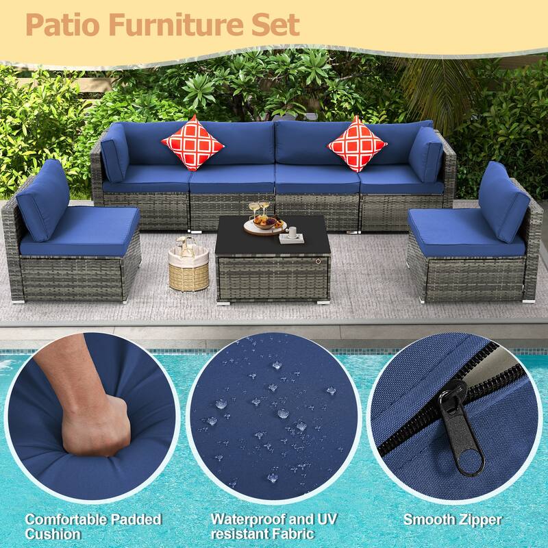 EROMMY 6/7 Piece Modular Outdoor Rattan Sofa Set, All-Weather Wicker Patio Furniture with Storage Table, Cushions & Pillows