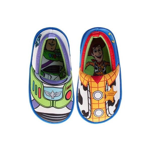 slide 2 of 4, Disney Toy Story Slippers - Woody & Buzz Plush House Shoes for Kids, Soft, Warm & Lightweight (Sizes 5-12) 11/12 - Red/Blue