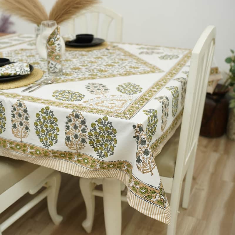 Fabdivine Floral Cotton Table Cover or Cloth Handmade Block Print for Dining & Home Décor Accent