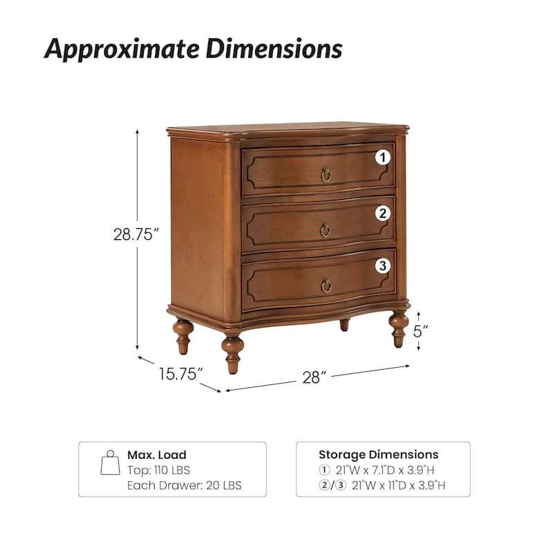 Alois Traditional 3-Drawer Nightstand with Solid Wood Spindle Legs by HULALA HOME