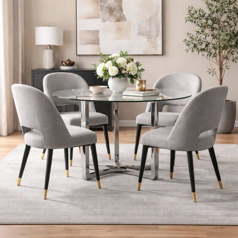 Eun 48 Inch Round Dining Table with Clear Glass Top, Cross Base, Chrome