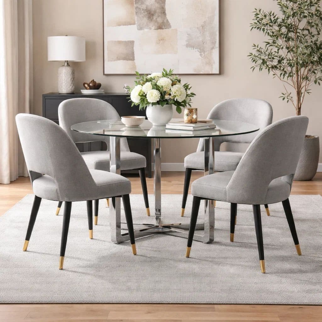 Eun 48 Inch Round Dining Table with Clear Glass Top, Cross Base, Chrome