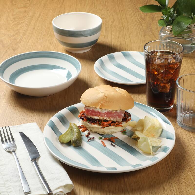 Gibson Home Kenwood Shores 16 Piece Stoneware Dinnerware Set, Hand-Painted Plates and Bowls, Service for 4