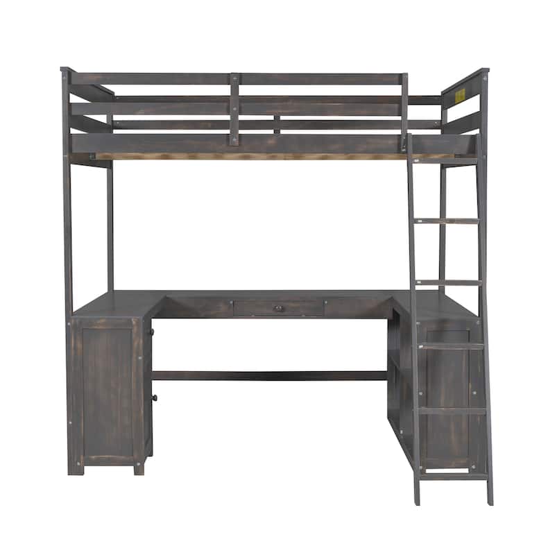 Full Loft Bed with U-Shaped Desk, Storage Drawers, Shelves, and Guardrails, Perfect for Kids and Teens, No Box Spring Needed