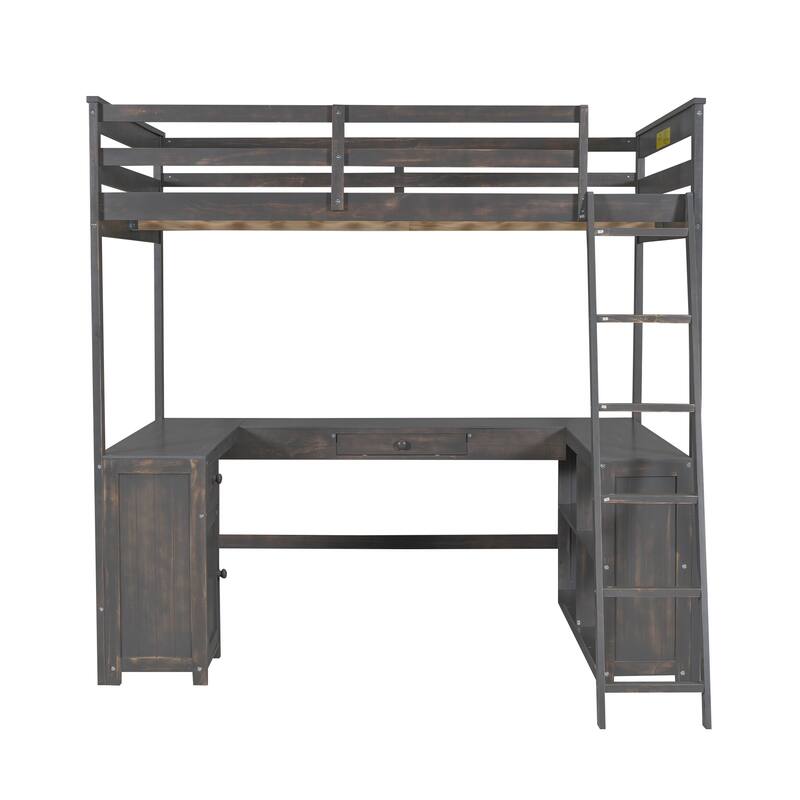 Full Size Loft Bed with U-shaped Desk, Drawers, and Storage Shelves in Antique Brown