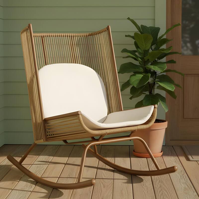 Christopher Knight Home - Outdoor Rocking Chair with PE Rattan and Wooden Side Table Set