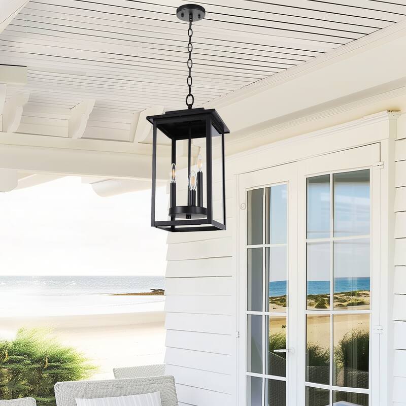 3-Light Transitional Outdoor Hanging Pendant Lantern with Clear Glass
