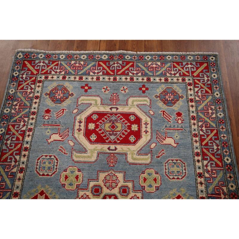 Geometric Blue Kazak Oriental Area Rug Handmade Wool Carpet - 4'3" x 5'11"