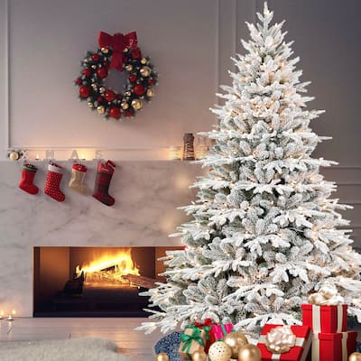 6.5ft Pre-Lit Flocked Christmas Tree with 450 Incandescent Lights, 2225 Tips, Hinged Pine with Partial Memory Wire Branches