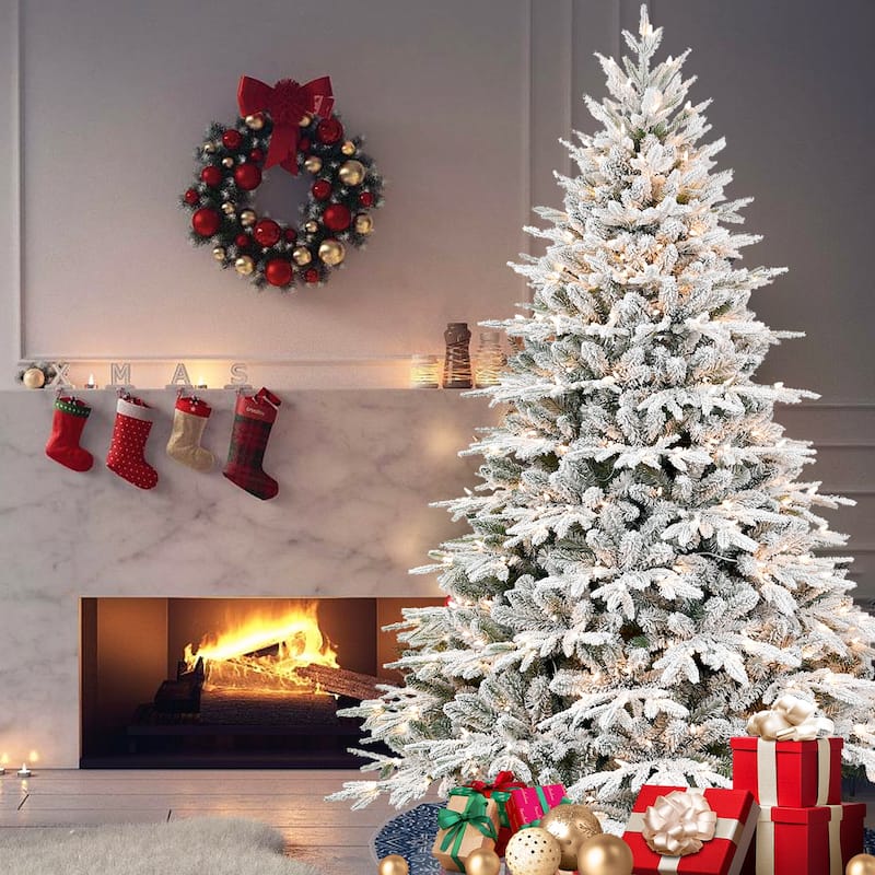 9ft Pre-Lit Flocked Artificial Christmas Tree with 1050 Lights,Hinged Pine with Partial Memory Wire Branches,Metal Stand - Green+White