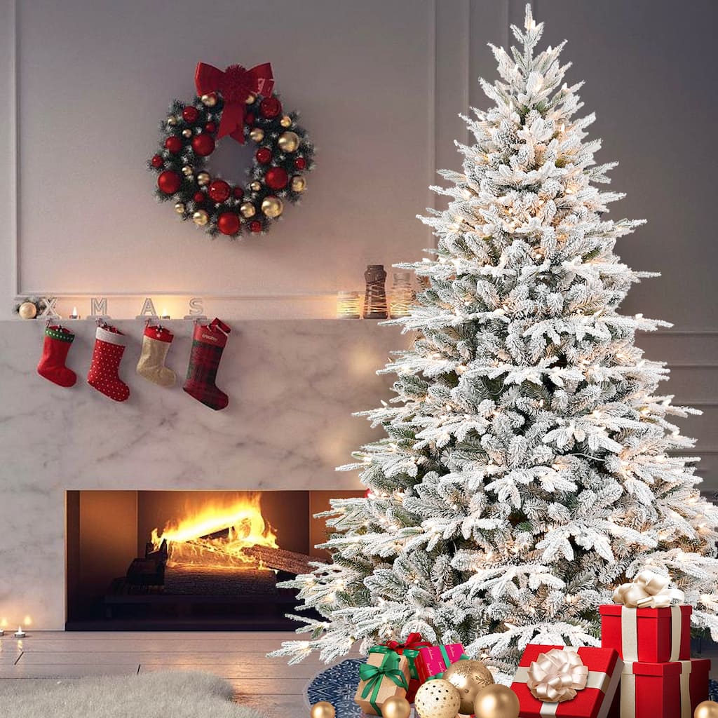 Pre-Lit Flocked Artificial Tree - Warm White Incandescent Lights, Snowy PE+PVC Branches, Metal Stand - Green,White