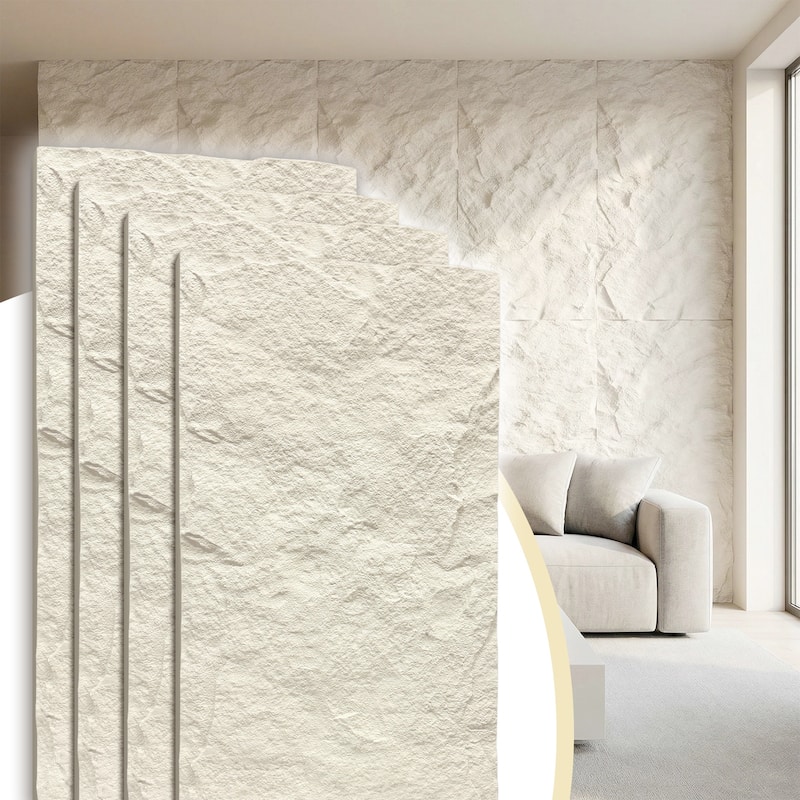 4Pcs 48"x24" 3D Faux Stone Wall Panels Imitation Decorative Wall Tiles for Interior Wall Decor - Ivory White - Rock Texture