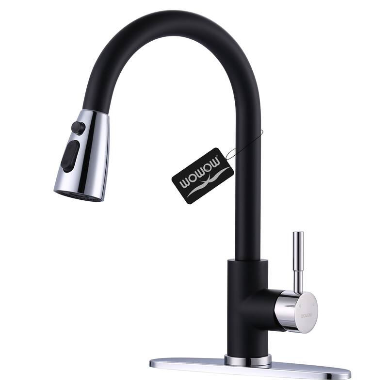 WOWOW 3-Function Pull down Sprayer Kitchen Faucet with Deckplate - Without Soap Dispenser - Chrome and Black