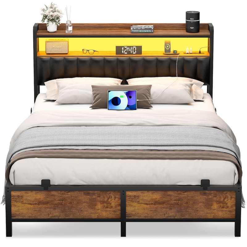 Platform Bed Frame with Upholstered Storage Headboard, Full/ Queen/ King Beds with Charge Station and LED Lights