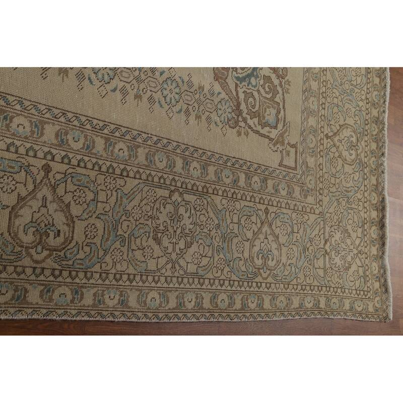 Hand Knotted Oriental 100% Wool Carpet Traditional Floral Beige & Ivories Tabriz Area Rug - 12' 9'' X 9' 7''
