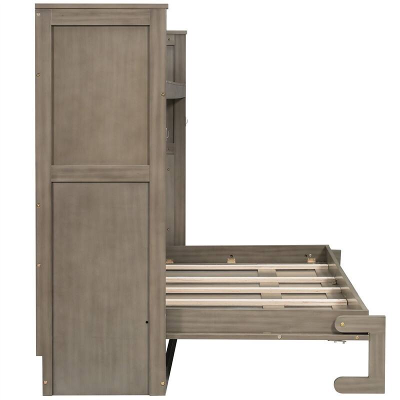 Twin XL Size Murphy Bed Wall Bed with Desk and LED Light, Solid Wood Foldable Murphy Cabinet Bed with USB Charging Station