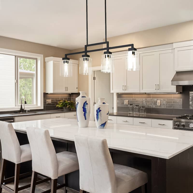 Mid-Century Modern 4-Light Black Chandelier Glass Island Lights for Dining Room - L 34.4" x D 4.3" x H 12"