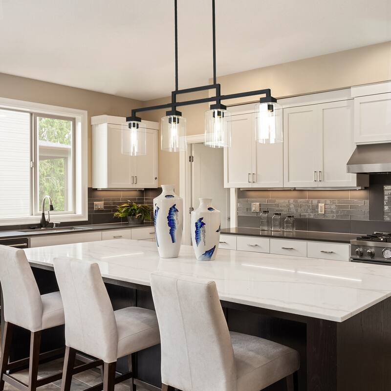 Modern Industrial 4-Light Black Linear Chandelier Glass Light for Kitchen Island Dining Room - L 34.4" x D 4.3" x H 12"