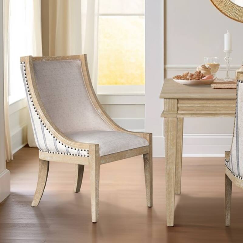 Roomfitters 37.5-Inch Upholstered Dining Chair, Reclaimed Wheat Wood Frame with Brass Nailhead Trim, Beige
