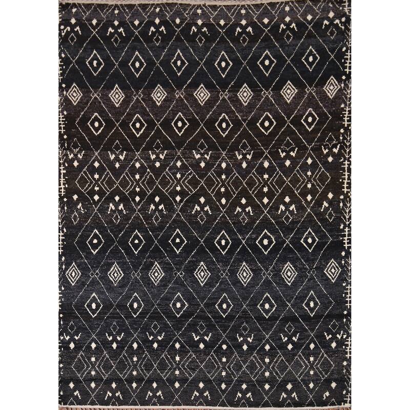 Dark Blue & Brown Moroccan Oriental Area Rug Hand-Knotted Wool Carpet - 8'0" x 10'0"
