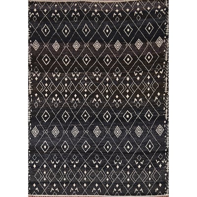 Dark Blue & Brown Moroccan Oriental Area Rug Hand-Knotted Wool Carpet - 8'0" x 10'0"