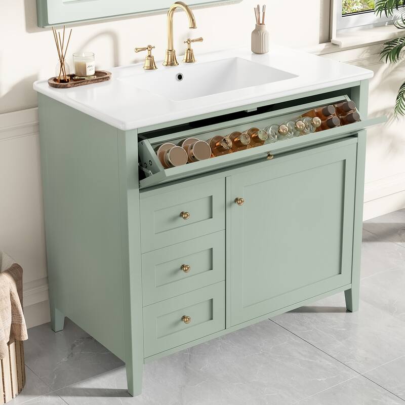 36-Inch Bathroom Vanity with Sink, Modern MDF and Rubberwood Cabinet with 3 Drawers and Adjustable Shelf, Freestanding Vanity